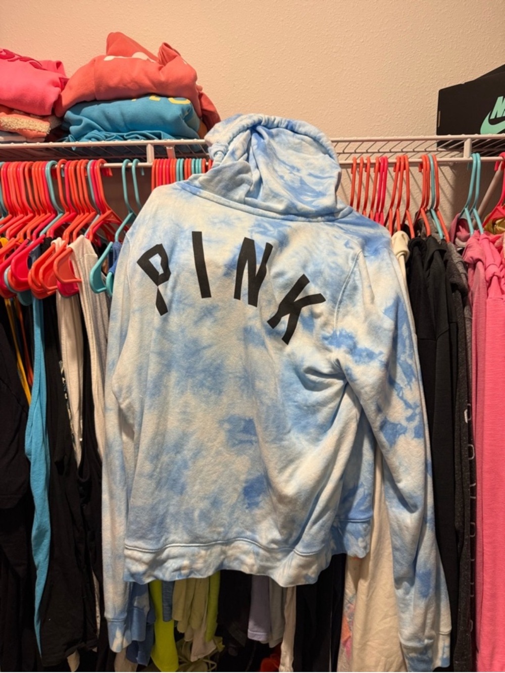 PINK Victoria's Secret Light Blue Tie-Dye Hoodie with Black Logo